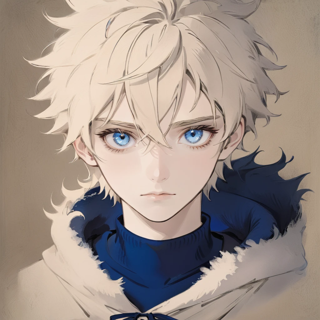 Russian male, deep blue eyes with short, messy hair and pale skin. Anime style. 