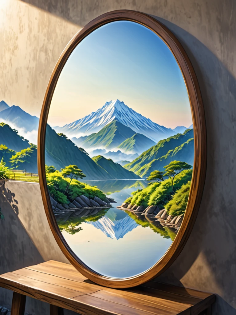 A beautiful view is reflected in the mirror on the mountain、