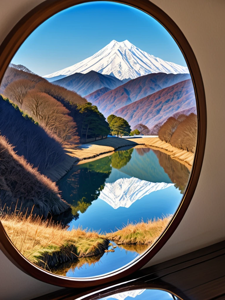 A beautiful view is reflected in the mirror on the mountain、