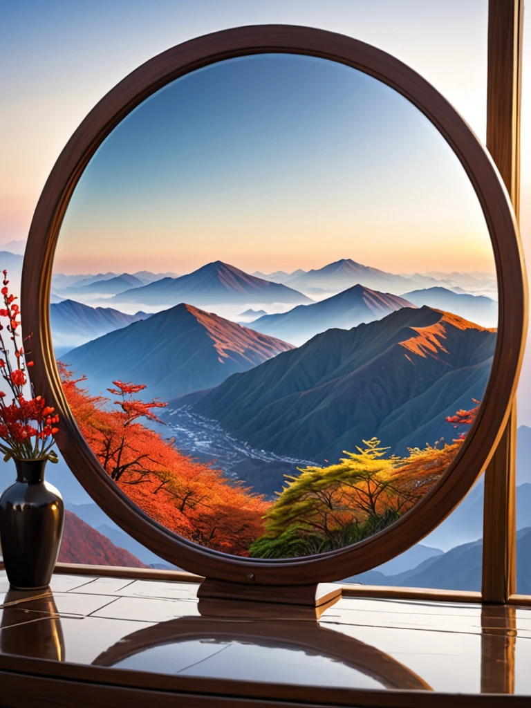 A beautiful view is reflected in the mirror on the mountain、