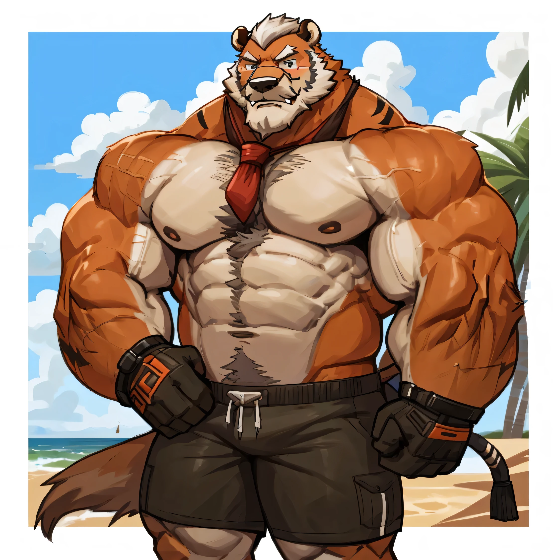 solo, 1boy, Huge Muscular Old Grizzly Bear wearing glasses , pectoral, huge pectoral, wide pectoral, short white hair, short pants black wristbands and shirtless topless, bearded, Mustache, muscle beach background, front row, 
masterpiece, high detailed, 8k, high resolution, at the muscle beach working out his chests on the cable crossover UF-T009 - UpForm machine carrying over 100lbs and 45kgs of weight equipments as pumping up and pushing up to the limits