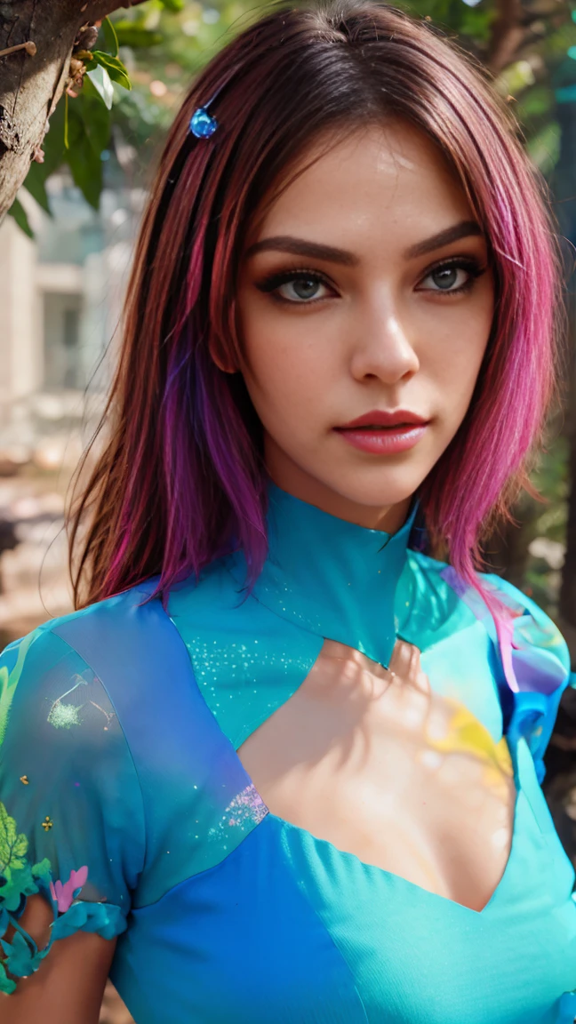portrait | wide angle shot of eyes off to one side of frame, lucid dream-like woman, looking off in distance  | daydreampunk with glowing skin and eyes, styled in headdress, beautiful, she is dripping in neon lights, very colorful blue, green, purple, bioluminescent, glowing background | forest, vivid neon wonderland, particles, blue, green, purple| rule of thirds, golden ratio, assymetric composition, hyper- maximalist, octane render, photorealism, cinematic realism, unreal engine, 8k