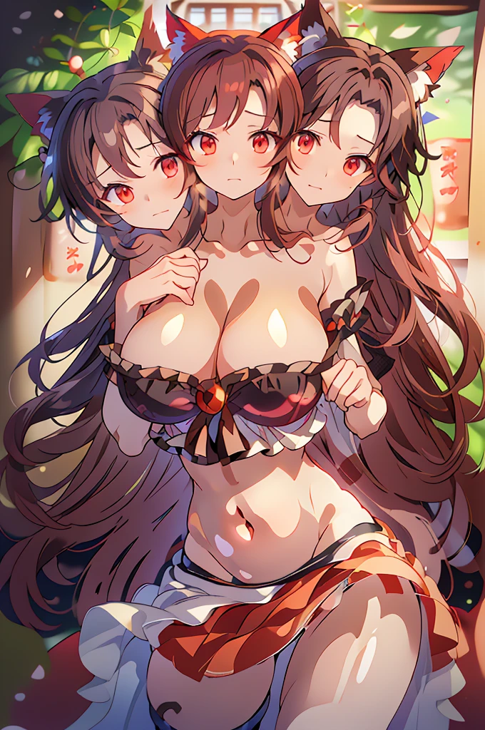 (masterpiece, best quality), best quality, (ultra-detailed), (3heads:1.5), 1girl, (kagerou imaizumi:1.3), masterpiece, ultra quality, ultra resolution, ultra detail, best quality, red, white, and black hash-patterned top, crop top, ((stomach)), midriff, ((groin)), red, white, and black hash-patterned skirt, frilled skirt, miniskirt, normal ears, shackles, hip-length dark auburn hair, very long hair, wavy hair, sidelocks, red eyes, parted lips, open belly, sweat, cute, toned belly, hand on own chest, eyelashes, (25 year old woman:1.3), (masterpiece:1.5), (best quality:1.5), (beautiful detailed extremely detailed CG, extremely delicate and beautiful, depth of field, (finely detailed face), (perfect details:1.3), (mature female:1.3), wide pelvis, slender, large veiny breast, 16k resolution, highres, high quality, high definition, extremely detailed, masterpiece, hip-length dark auburn hair, long hair, alluring presence, twin braid, short skirt, close up, very big tits, huge tits, young, wolf ears, nsfw, open belly,
