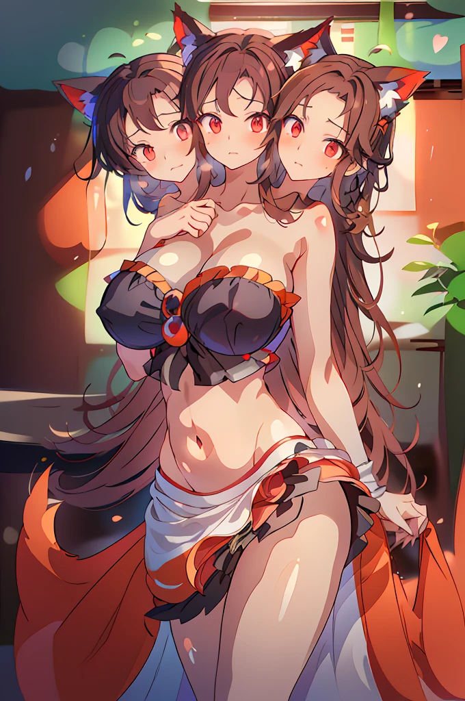 (masterpiece, best quality), best quality, (ultra-detailed), (3heads:1.5), 1girl, (kagerou imaizumi:1.3), masterpiece, ultra quality, ultra resolution, ultra detail, best quality, red, white, and black hash-patterned top, crop top, ((stomach)), midriff, ((groin)), red, white, and black hash-patterned skirt, frilled skirt, miniskirt, normal ears, , hip-length dark auburn hair, very long hair, wavy hair, sidelocks, red eyes, parted lips, open belly, sweat, cute, toned belly, hand on own , eyelashes, (25 year old woman:1.3), (masterpiece:1.5), (best quality:1.5), (beautiful detailed extremely detailed CG, extremely delicate and beautiful, depth of field, (finely detailed face), (perfect details:1.3), (mature female:1.3), wide pelvis, slender, large veiny , 16k resolution, highres, high quality, high definition, extremely detailed, masterpiece, hip-length dark auburn hair, long hair, alluring presence, twin braid, short skirt, close up, very big , huge , young, wolf ears, , open belly,
