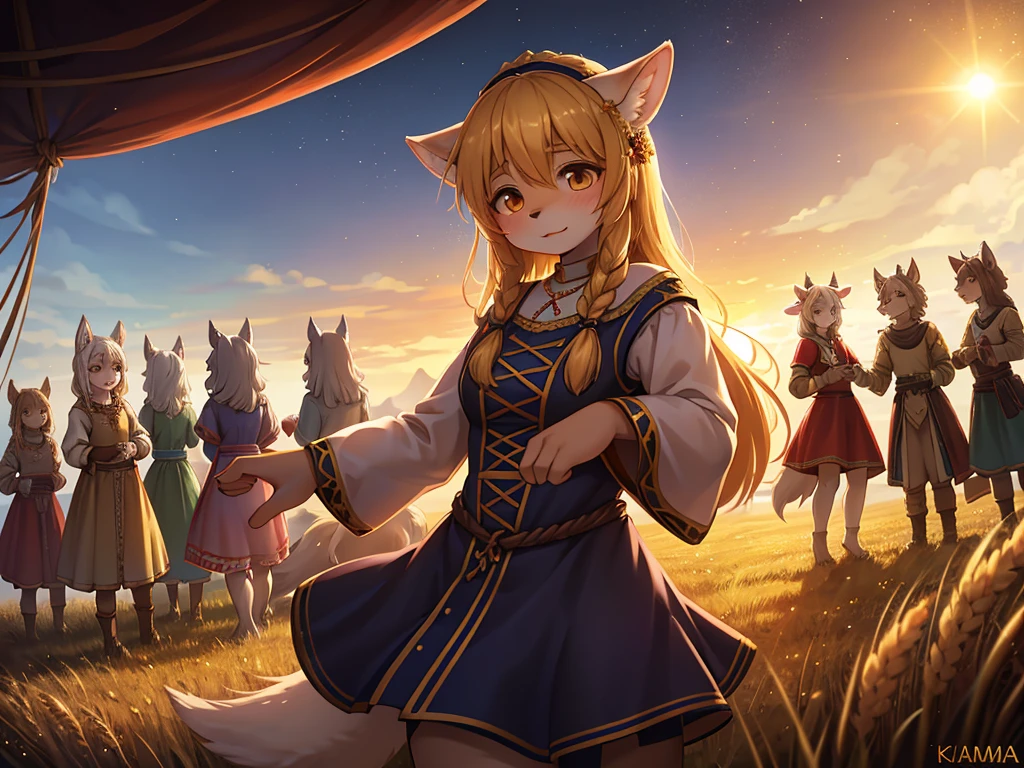 Hallucination, daydream , nightmare , bokeh , messy Wolves and sheeps dancing in a sea of ​​golden wheat , sun set , dancing blur , Clothing of peasant women in medieval Europe , Sexual freak festival , Feeling open-minded and bold , Kama Sutra