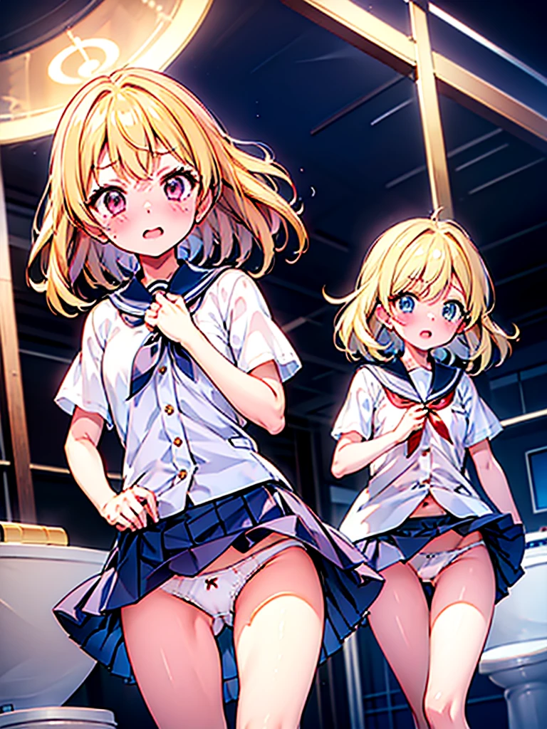 Aikatsu,blonde_hair,red_hair_band,(masterpiece:1.2, highest quality), Ultra-detailed illustrations, Perfect Anatomy, (Skirt flip:1.5), ((Grab the skirt:1.3)),((panties)), alone, 1 Female, big_chest, (Apply blush all over the face), Embarrassing, カウボーイshot, (toilet:1.2),(Toilet:1.3), dirty, (night:1.5),(Dark Background:1.1), , Very fine hand, panties_shot, ((Emphasize white_panties:1.5)), Roll up your skirt:1.6, Place your hands in front of your stomach,