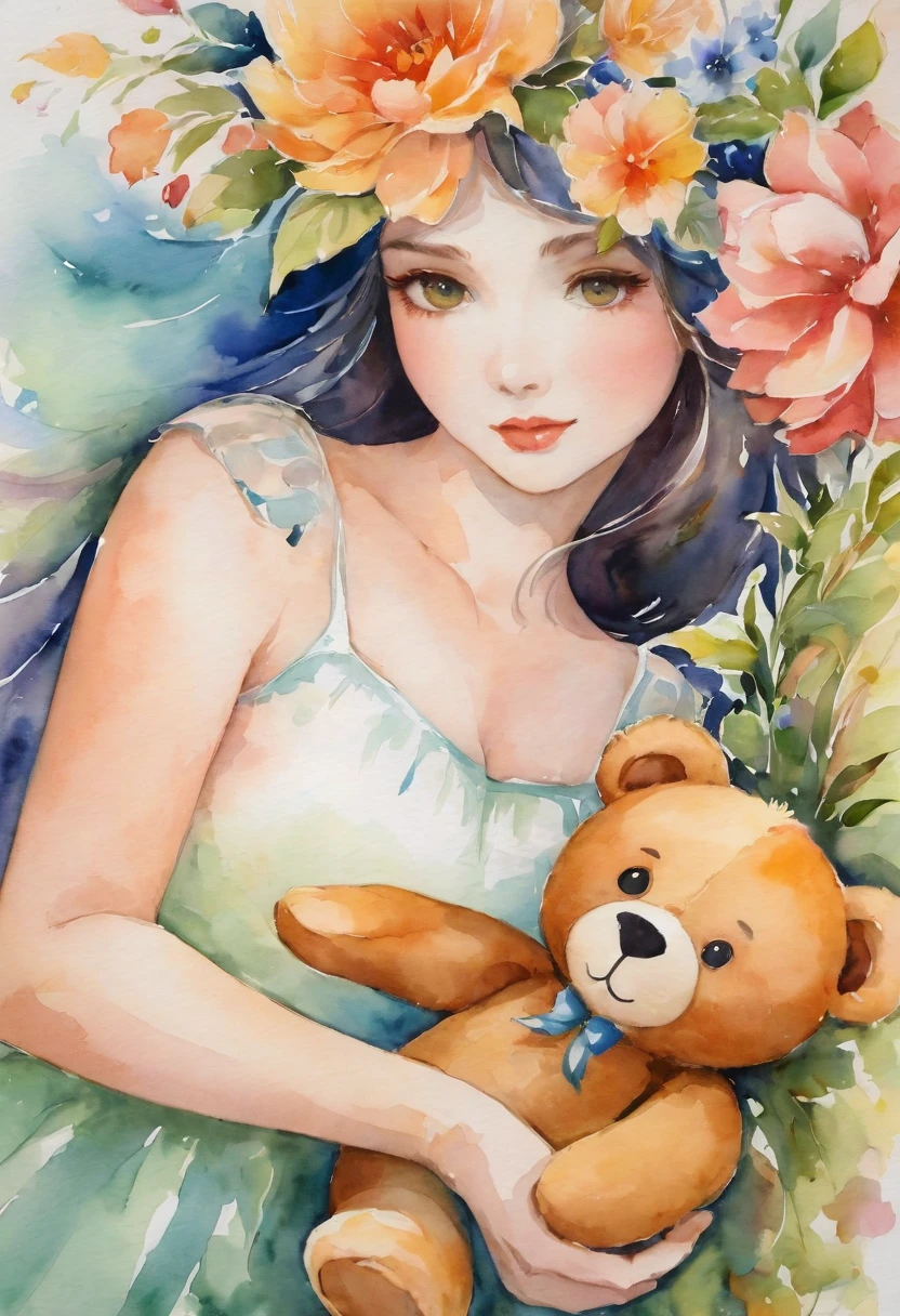 arte em aquarela,In this ethereal setting, Dreams and reality are interconnected. The air is filled with the intoxicating fragrance of flowers, Sinfonia de perfume requintado. As flores parecem libertar a alma, Its essence mixes with the fragrant breeze that caresses the skin. Entre as flores temos uma linda menininha loira, olhos azuis, vestido branco com babados azuis, holding a very cute teddy bear