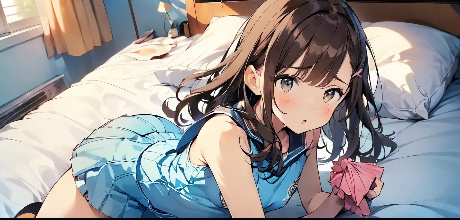(((missionary position vaginal sex))),(((having vaginal sex))), (((two girls))),delicate and cute girls with brown hair,((cheerleading uniform)),(((tennis uniform))),(((cheergirls dress))),(tcheerleader)))、16years、Super8K Ultra High Definition、Delicate texture、 Medium Hair、flat chest、(((pleated mini skirt)))、(((Wear a cheergirls wear )))、,Plain clothes,spreading her legs,exposed panties,nsfw,middle breast,(((in hotel))),(((lying down on the bed,spreading legs open wide with knees bent,creating the shape of the letter M))),(((detailed race panties))),Wearing panties、),penis,penis insert(((blue taste cheergirls uniform))),showing armpit