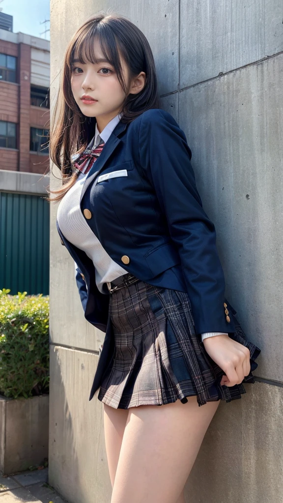 masterpiece, best quality, illustration, Super detailed, fine details, High resolution, 8K,wall paper, perfect dynamic composition,(Details High quality, realistic depiction of eyes:1.3), from side, High School Classroom、High school girl uniform、blazer 、Super Short Check Uniform Skirt、Navy blue high socks、garterbelts、Colossal tits、Disturbed uniform, straight hair, black hair color, huge breasts, Big Natural Color Lip, bold sexy pose, (perfect body shape), crying a little、Harajuku style、20 year old girl、 beautiful legs, hposing Gravure Idol, Voluptuous thighs