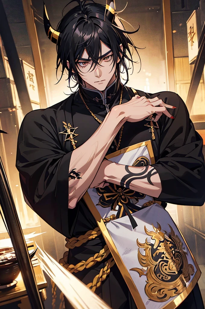 anime, male, muscular, tattoos, two black horns protruding from hair, golden eyes, bangs, beautiful, handsome japanese demon, detailed digital anime art, medium length black hair, male anime character, inspired by tite kubo, mid 20s, masterpiece, light pencil strokes, broad shoulders, arms crossed, sharp nails, black modern day clothing