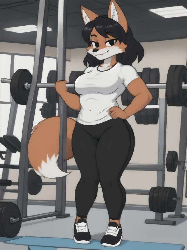 Furry, fox, female, white shirt, black leggings, shoes, gym, teen, full body