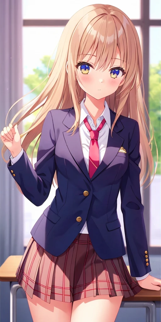 one girl, naive, school blazer, necktie, stare at me, plaid skirt, long hair, small breasts, girl focus, short skirt, cowboy shot