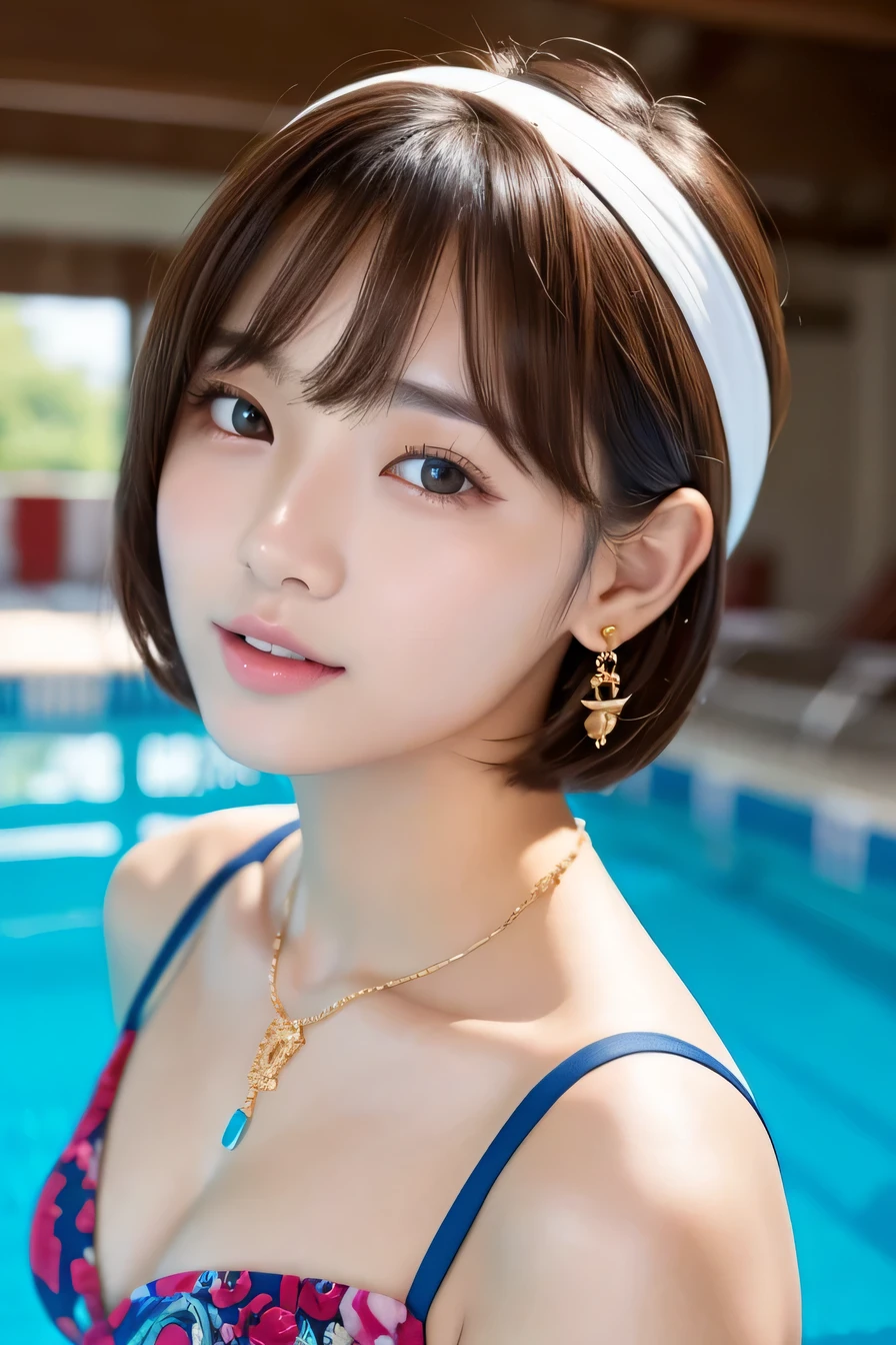 Beautiful Young Woman of the Year、 Korean women、Brown Hair、Necklace around the neck、Woman in swimsuit、Short Haircut、、Open your mouth a little、hair band、Intricate details, Very detailed:1.2), 、 Looking into the camera,background is indoor pool、ear piercing