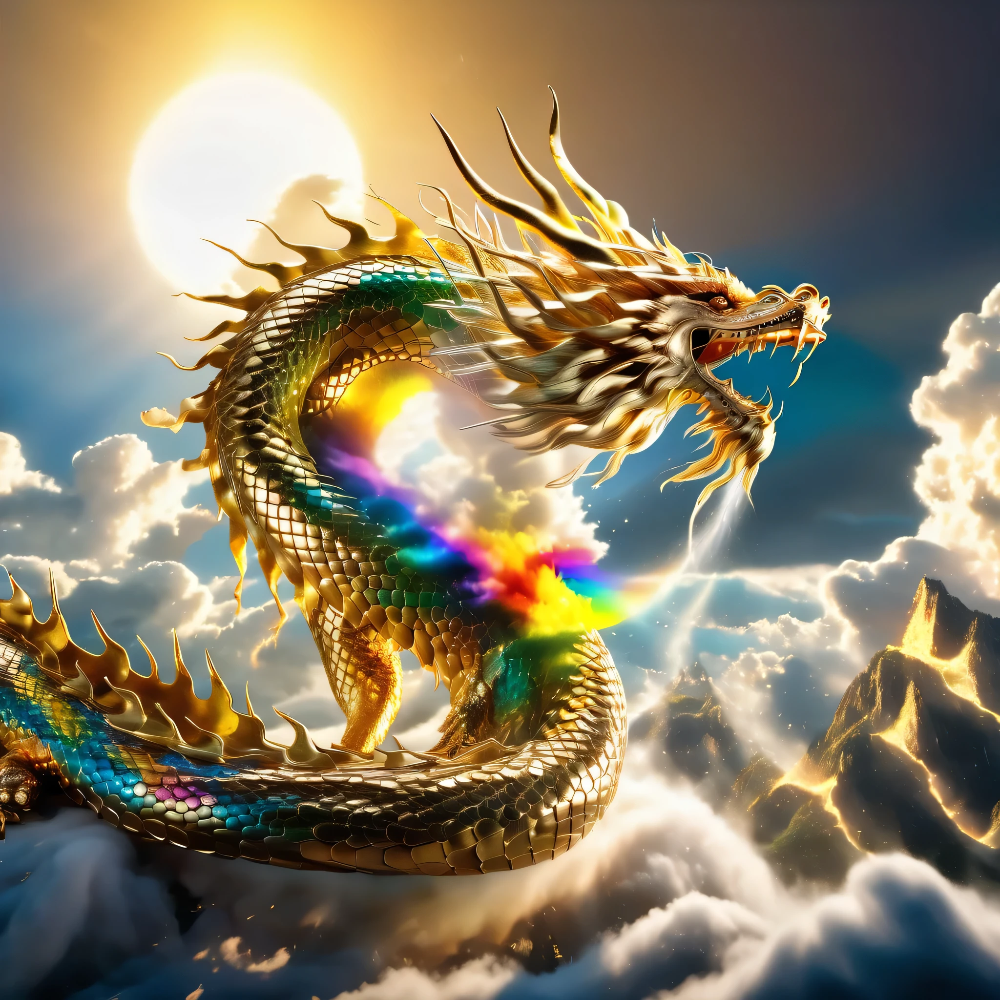 a dramatic sunset landscape with a vibrant rainbow at the center, sunlight streaming through thick clouds, a majestic golden dragon with intricate scales, sharp eyes and an open mouth revealing its sharp teeth, cinematic lighting, highly detailed, hyperrealistic, 8k, award winning photograph