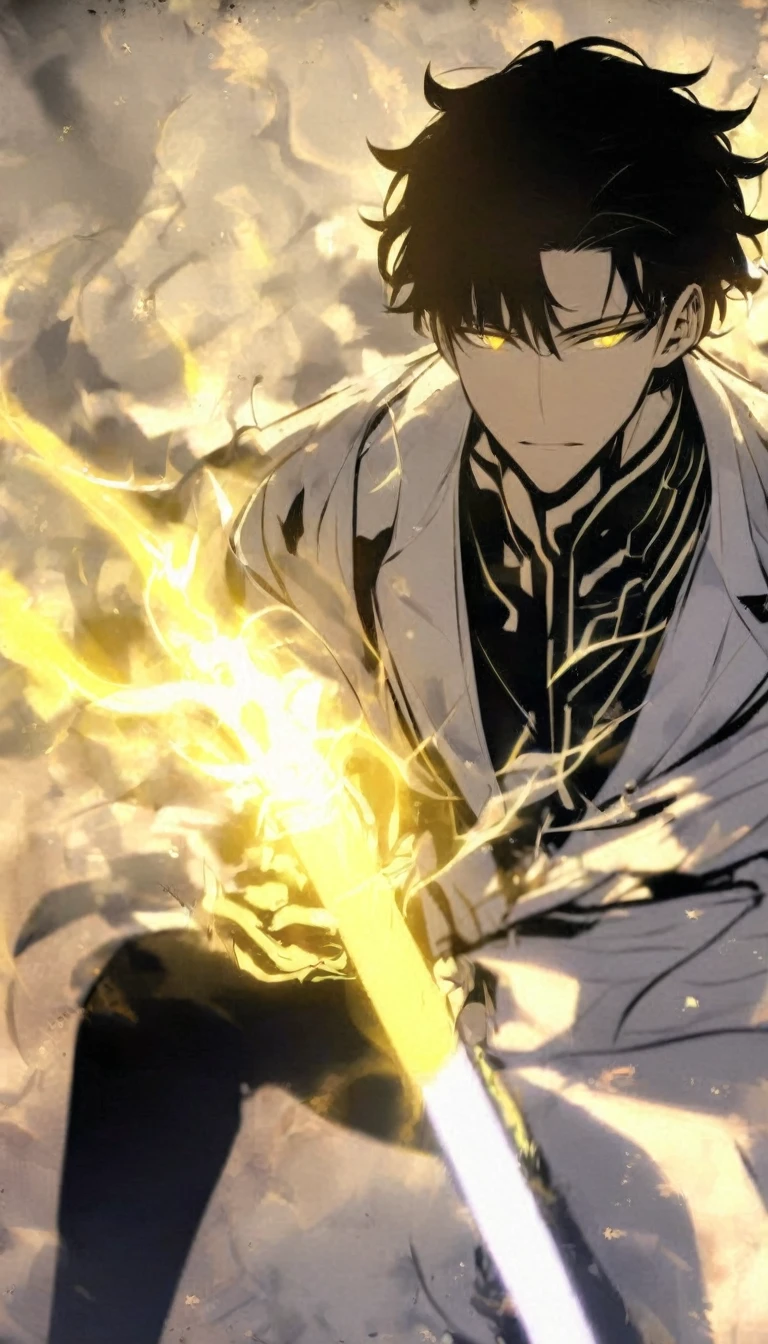 Handsome, alone, male, Short hair, Calm head, black hair, yellow eyes, white shirt, black pants, white coat, white flame,holding a katana in one hand, The blade glows yellow and white