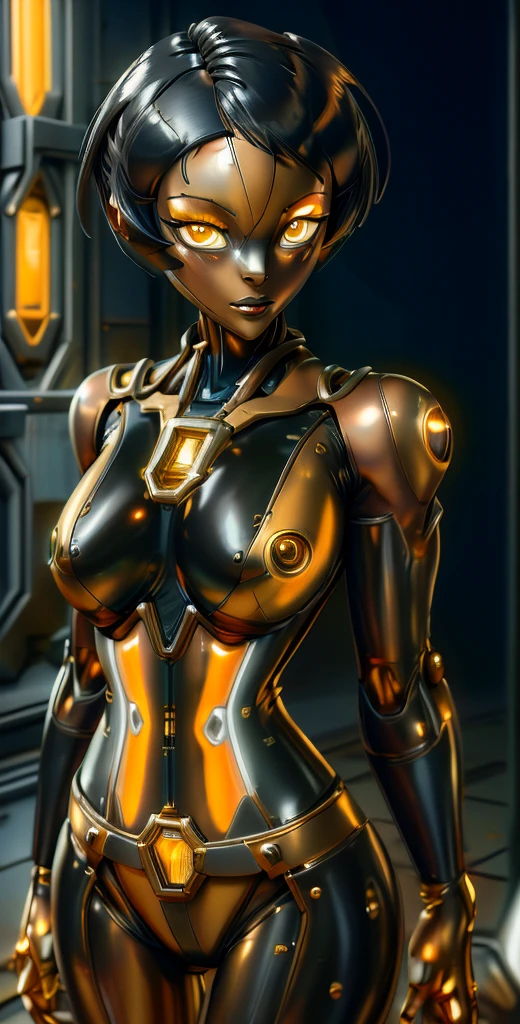 1 girl, solo, (look at viewer), ((Best quality)), ((masterpiece)), (detailed:1.4), ((upper body)), 3D, an image of a beautiful cyberpunk female,HDR (High Dynamic Range), Ray Tracing,NVIDIA RTX,Super-Resolution,Unreal 5,Subsurface scattering,PBR Texturing,Post-processing,Anisotropic Filtering,Depth-of-field,Maximum clarity and sharpness,Multi-layered textures,Albedo and Specular maps,Surface shading,Accurate simulation of light-material interaction,Perfect proportions,Octane Render,Two-tone lighting,Wide aperture,Low ISO,White balance,Rule of thirds,8K RAW, (((yellow eyes))), (((liquid metal black short hair))), AlexTS, (dark skin:1.2), yellow eyes, black hair, short hair, medium breasts, yellow bodysuit, belt, (( gold amor))
