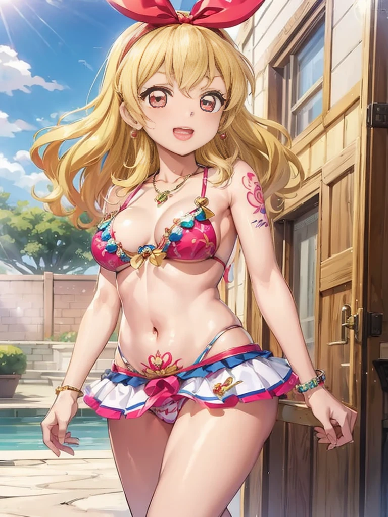 an anime girl in underwear that has tattoos on her breasts and legs, 1girl, jewelry, blonde hair, solo, dark skin, dark-skinned female, breasts, long hair, smile, RED eyes, mole, open mouth, earrings, high heels, navel, hairband,Ichigo Hoshimiya (Aikatsu!),lol_i,venus bikini, bikini
