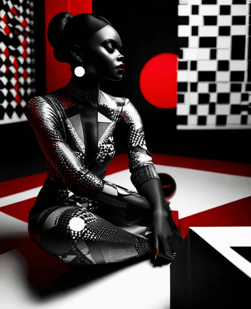 Side angle shot of black woman sitting model pose in a room full of abstract shapes of circles, triangles and squares, with a red sphere in the background, black and white picture with only the red sphere in colour, ultra HD, cinematic lighting, 32k