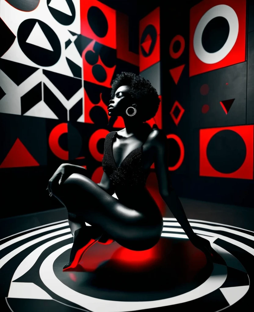 Side angle shot of black woman sitting model pose in a room full of abstract shapes of circles, triangles and squares, with a red sphere in the background, black and white picture with only the red sphere in colour, ultra HD, cinematic lighting, 32k