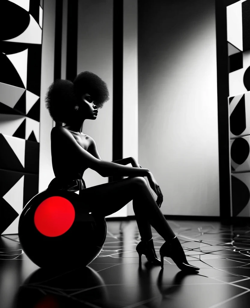 Side angle shot of black woman sitting model pose in a room full of abstract shapes of circles, triangles and squares, with a red sphere in the background, black and white picture with only the red sphere in colour, ultra HD, cinematic lighting, 32k