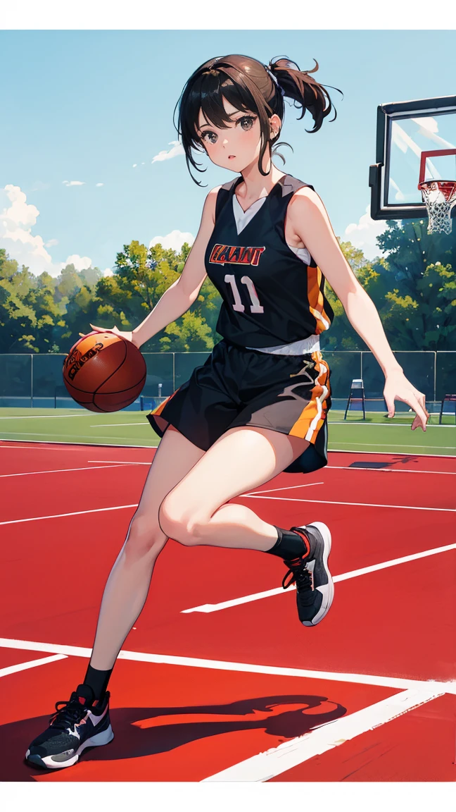 (best quality), (masterpiece), 1 girl, playing basketball, dribbling the ball, running, outdoor basketball court, wearing a sleeveless t-shirt, on the t-shirt the name "WPO" and the number 1, light skin , sunny, full body photo (bright eyes), (black eyes), highly detailed, (simple), sweet, open background, simple background