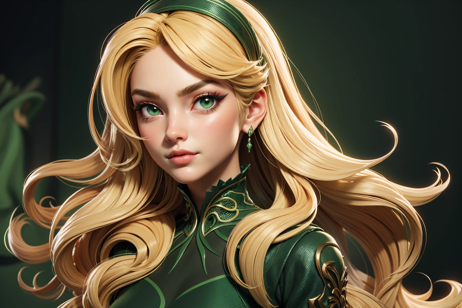 3dmm style,(masterpiece, top quality, best quality, official art, beautiful and aesthetic:1.2), (fractal art:1.3),Green clothing1girl, beautiful, high detailed, blonde hair, long hair, wavy hair, hairband, makeup, eyeshadow, mascara, lipstick, dark lighting, serious face,