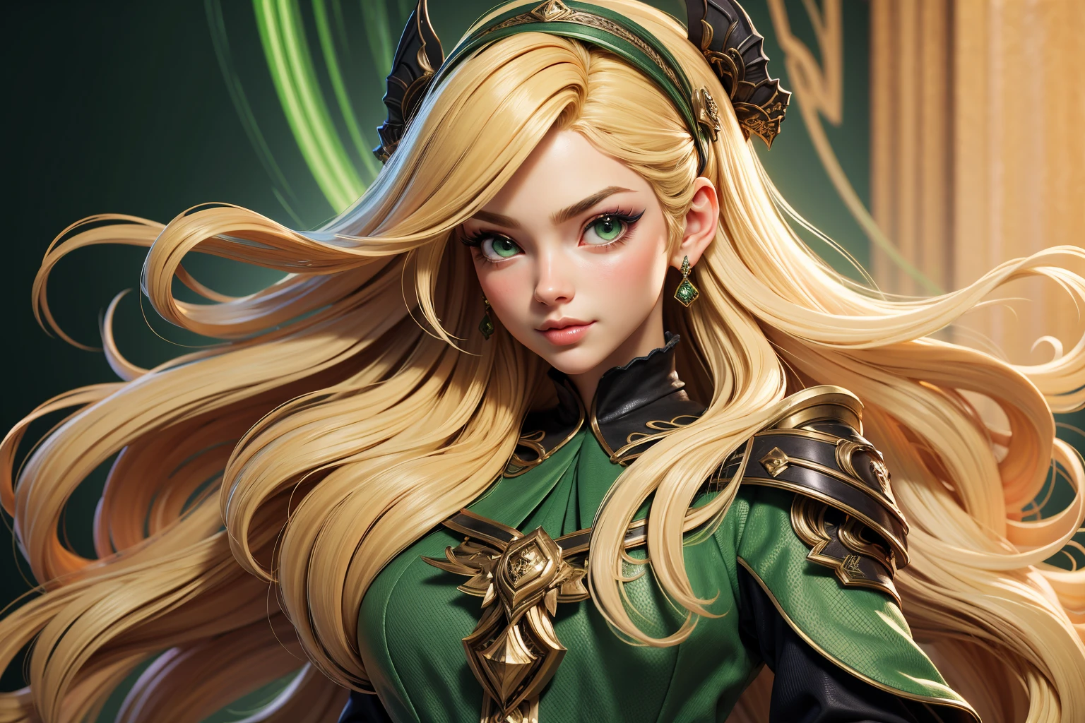 3dmm style,(masterpiece, top quality, best quality, official art, beautiful and aesthetic:1.2), (fractal art:1.3),Green clothing1girl, beautiful, high detailed, blonde hair, long hair, wavy hair, hairband, makeup, eyeshadow, mascara, lipstick, dark lighting, serious face,
