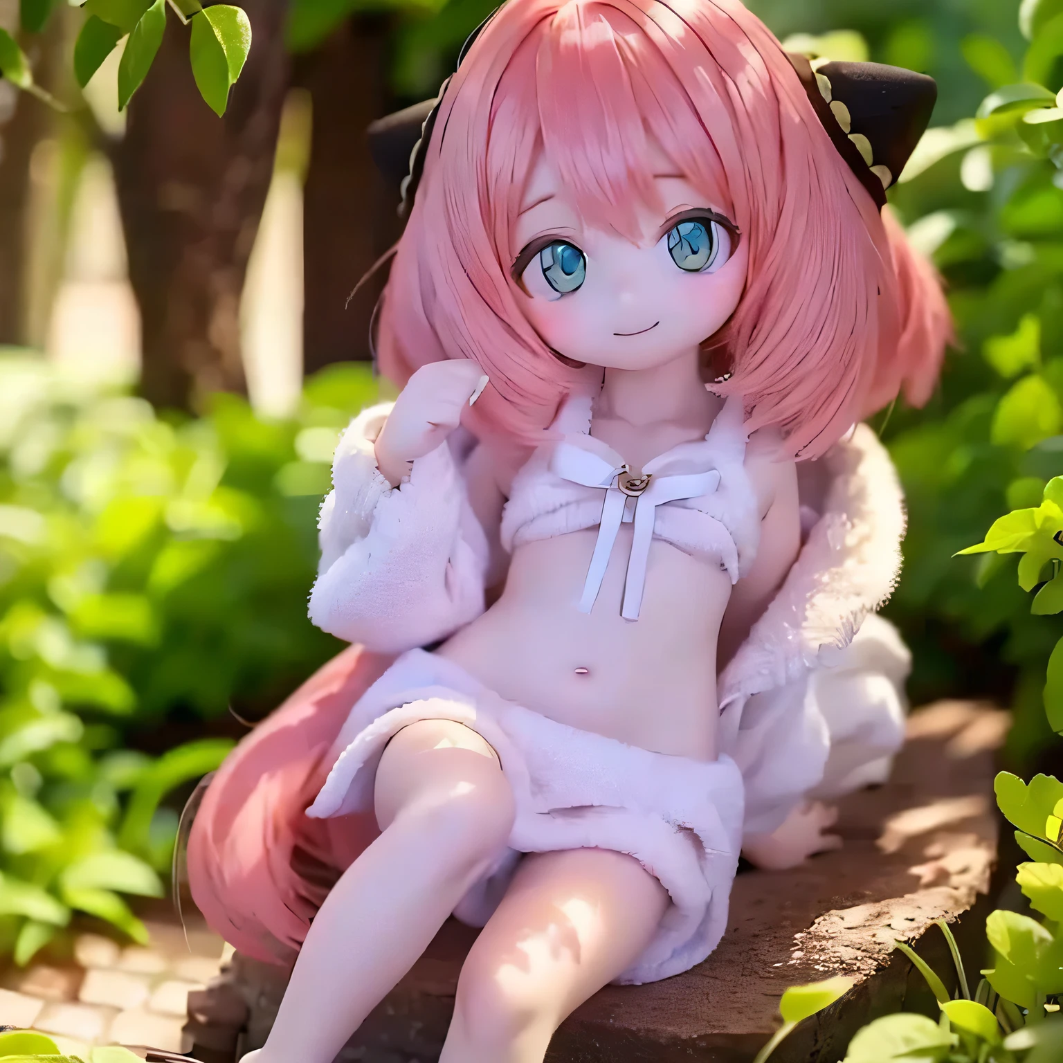 (highest quality,4K,High resolution,masterpiece:1.2),Very detailed,Realistic,Beautiful details,Beautiful lip detail,Long eyelashes,Pink Hair,short hair,smile,5 year old girl, (bikini),Cute expression,Hilarious,Playful,Girlish,Bokeh,Soft lighting,stand、feet