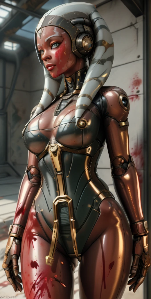 1 girl, solo, (look at viewer), ((Best quality)), ((masterpiece)), (detailed:1.4), ((upper body)), 3D, an image of a beautiful cyberpunk female,HDR (High Dynamic Range), Ray Tracing,NVIDIA RTX,Super-Resolution,Unreal 5,Subsurface scattering,PBR Texturing,Post-processing,Anisotropic Filtering,Depth-of-field,Maximum clarity and sharpness,Multi-layered textures,Albedo and Specular maps,Surface shading,Accurate simulation of light-material interaction,Perfect proportions,Octane Render,Two-tone lighting,Wide aperture,Low ISO,White balance,Rule of thirds,8K RAW, (((blood eyes))), , mechanical parts ahsoka, (dark skin:1.2), blood eyes, , medium breasts, bloodgold/black bodysuit, belt, (( bloodgold amor)) joints, body suit