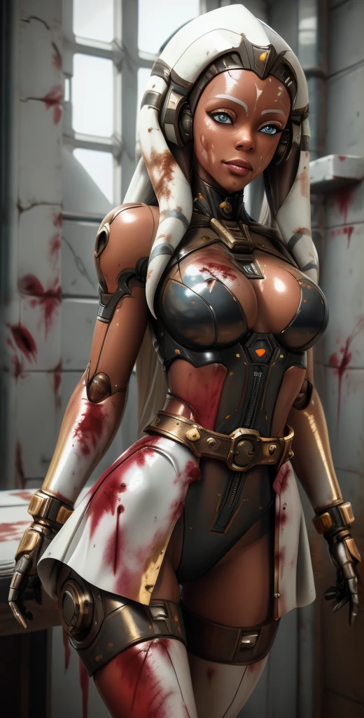 1 girl, solo, (look at viewer), ((Best quality)), ((masterpiece)), (detailed:1.4), ((upper body)), 3D, an image of a beautiful cyberpunk female,HDR (High Dynamic Range), Ray Tracing,NVIDIA RTX,Super-Resolution,Unreal 5,Subsurface scattering,PBR Texturing,Post-processing,Anisotropic Filtering,Depth-of-field,Maximum clarity and sharpness,Multi-layered textures,Albedo and Specular maps,Surface shading,Accurate simulation of light-material interaction,Perfect proportions,Octane Render,Two-tone lighting,Wide aperture,Low ISO,White balance,Rule of thirds,8K RAW, (((blood eyes))), , mechanical parts ahsoka, (dark skin:1.2), blood eyes, , medium breasts, bloodgold/black bodysuit, belt, (( bloodgold amor)) joints, body suit