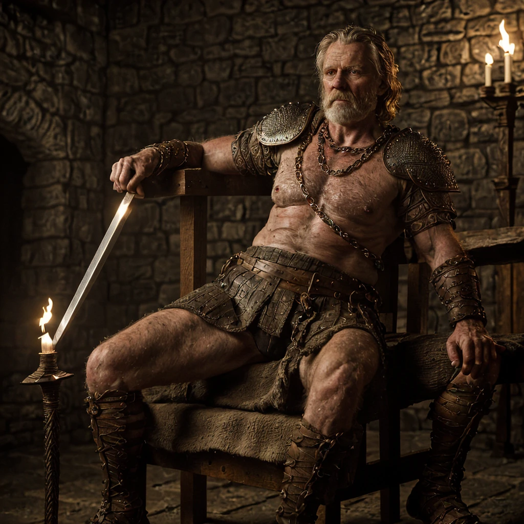 Highest quality, masterpiece, photorealistic, medium shot, RAW photo, of (a weary-looking but still proud and -looking old Viking warrior, now the leader of his village, dressed in elaborately detailed chain mail and leather armour, sitting on a carved wooden throne furrowed with Viking runes and symbols, in the village meeting hall, on his lap rests an elaborately carved and beautifully crafted longsword, a few torches burn on the walls, giving the scene a dark atmosphere but sculpting the forms in sharp chiaroscuro), it is night time, (highly detailed skin), skin texture, (detailed face), detailed background, sharp focus, dark lighting, twilight lighting, volumetric lighting, highly detailed, intricate details, 8k, highly detailed, UHD, HDR