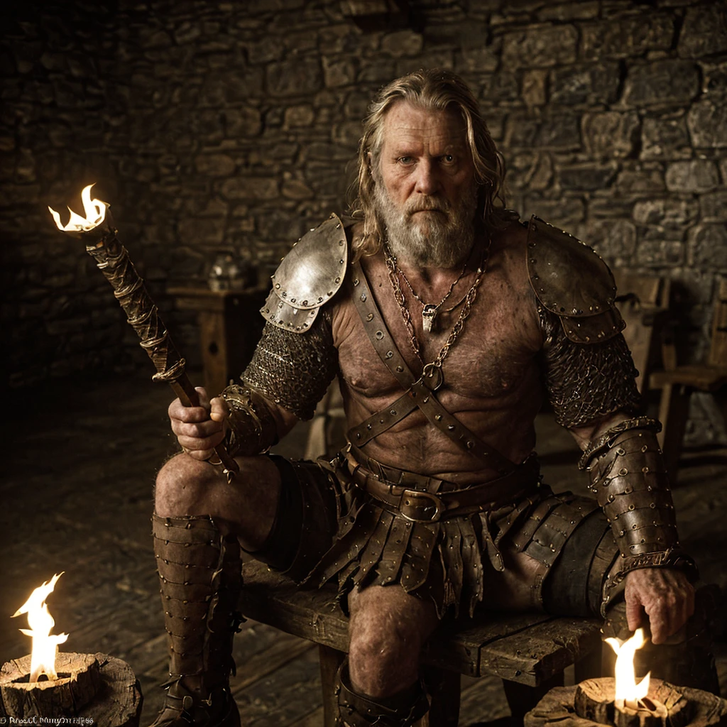Highest quality, masterpiece, photorealistic, medium shot, RAW photo, of (a weary-looking but still proud and fierce-looking old Viking warrior, now the leader of his village, dressed in elaborately detailed chain mail and leather armour, sitting on a carved wooden throne furrowed with Viking runes and symbols, in the village meeting hall, on his lap rests an elaborately carved and beautifully crafted longsword, a few torches burn on the walls, giving the scene a dark atmosphere but sculpting the forms in sharp chiaroscuro), it is night time, (highly detailed skin), skin texture, (detailed face), detailed background, sharp focus, dark lighting, twilight lighting, volumetric lighting, highly detailed, intricate details, 8k, highly detailed, UHD, HDR