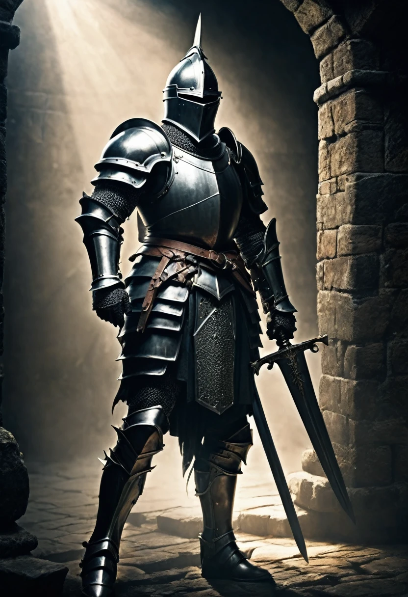 Male knight in armor with sword Background dungeon Dark fantasy