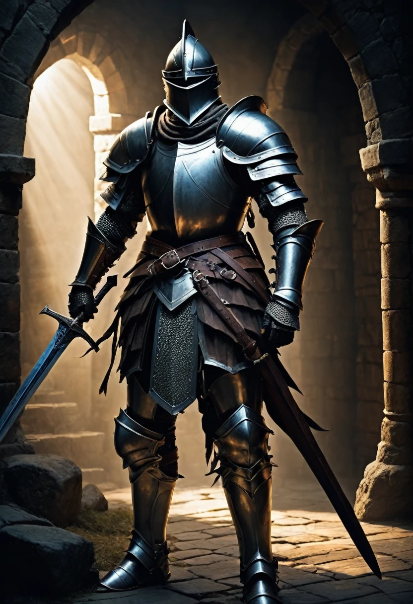 Male knight in armor with sword Background dungeon Dark fantasy