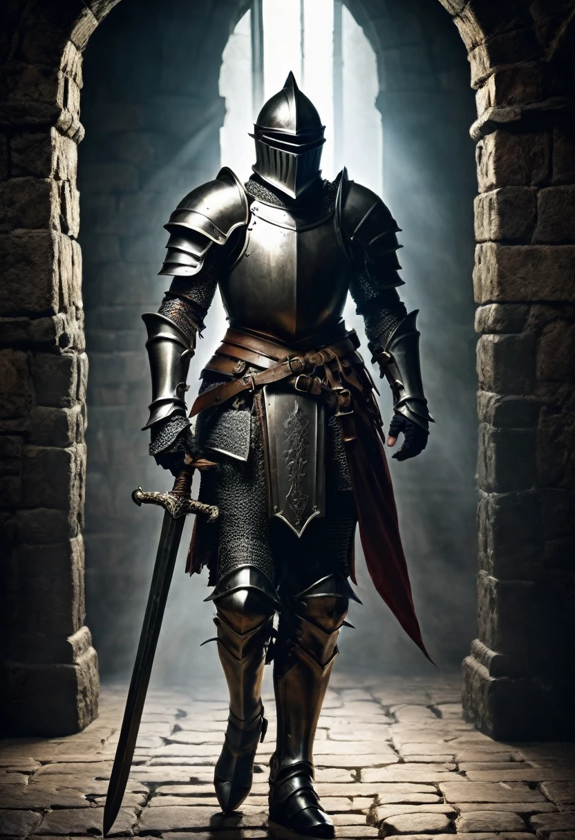 Male knight in armor with sword Background dungeon Dark fantasy