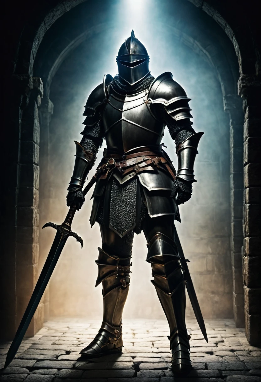 Male knight in armor with sword Background dungeon Dark fantasy
