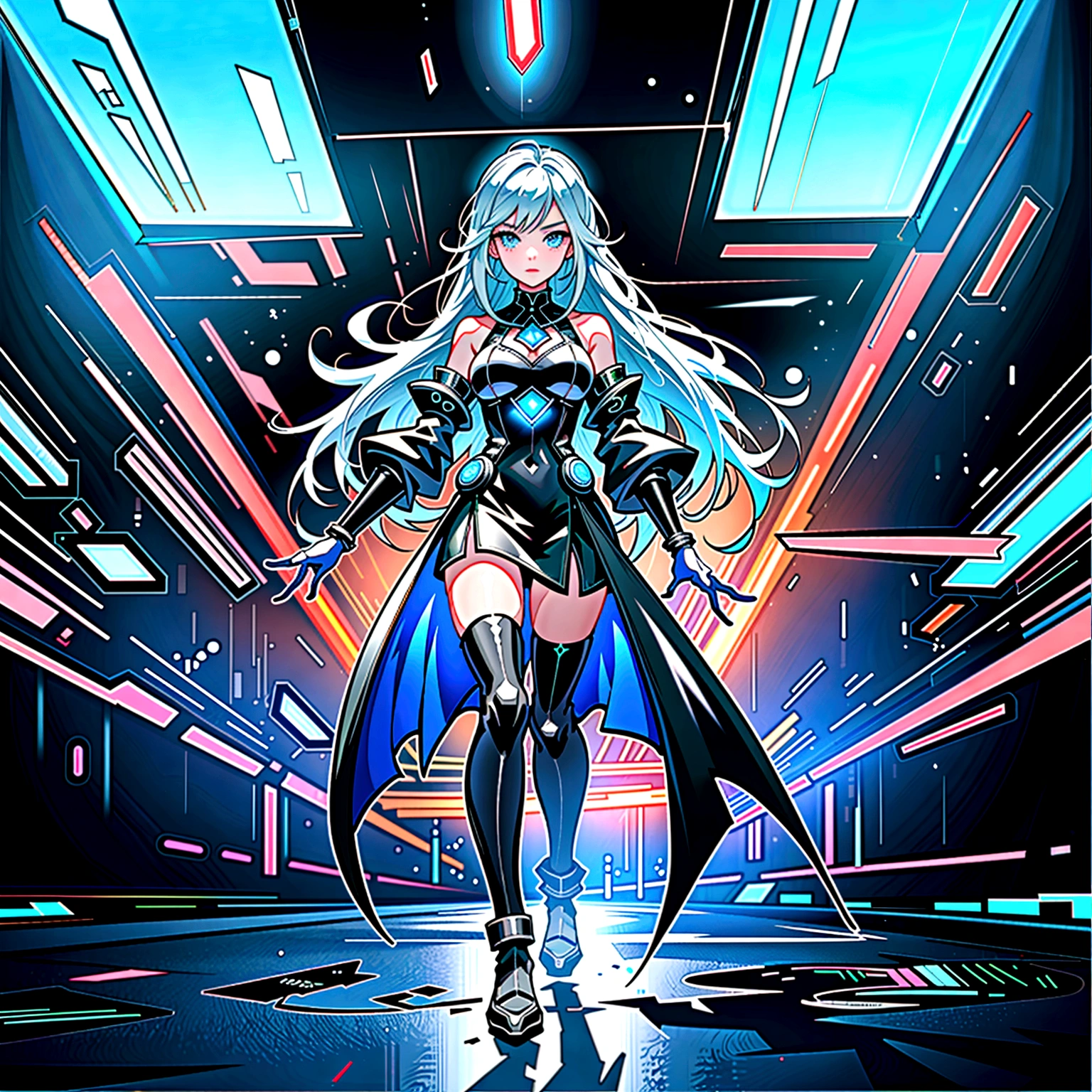 ((full body shot)) of a girl in sleek, futuristic black armor with glowing blue accents, standing in a neon-lit, dystopian cityscape. She has short, silver hair and cybernetic implants that glow with a faint blue light. Her eyes are a piercing, luminescent blue, and she has various high-tech gadgets attached to her armor. She holds a pair of advanced, energy-based daggers. The atmosphere is {tense|futuristic}, with neon signs and holograms casting vibrant colors across the scene. The ground beneath her is metallic and reflective, covered in a thin layer of rainwater that enhances the neon ambiance. Surrounding her are futuristic vehicles and towering skyscrapers in shades of {blue|purple}, casting a high-tech, dystopian glow. The background features dark alleyways and massive billboards, hinting at a bustling, cyberpunk metropolis. The scene is intense and action-packed, with her face showing a determined yet emotionless expression, her eyes focused intently on her target.

[Best quality], [Masterpiece], [Ultra-detailed], [4k], {tense|futuristic} atmosphere, dystopian cityscape, {dynamic pose|stealthy pose}, neon illumination, {soft shadows|neon lighting}, {reflected light on wet ground:0.7}, {holograms:0.6}, {futuristic vehicles:0.5}, {towering skyscrapers:0.4}, {dark alleyways:0.3}.