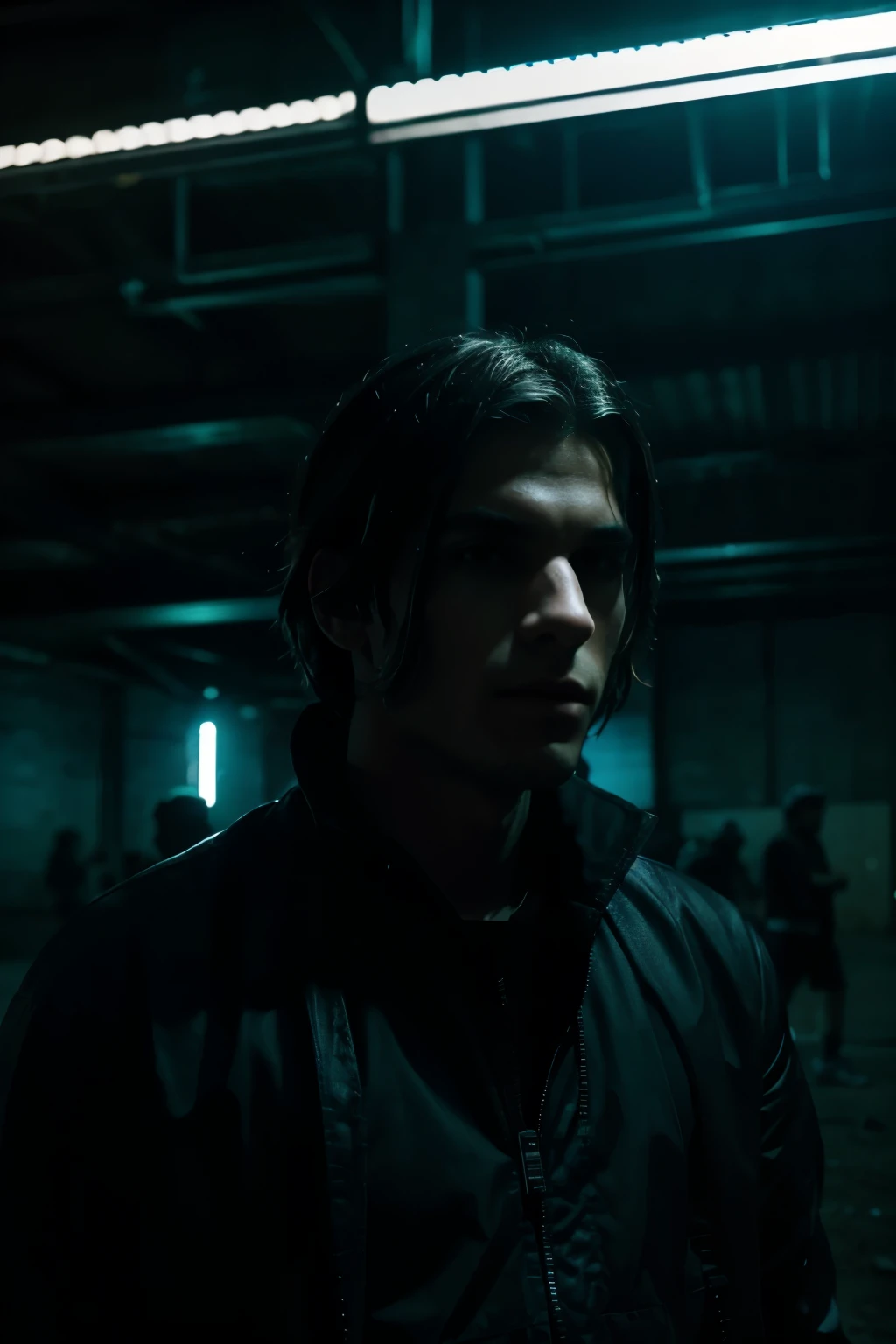 night vibes , huge underground warehouse, techno raver, looking badass, no blur, 8k - night time - party time, no blurry eyes, male model, clear faces, HD