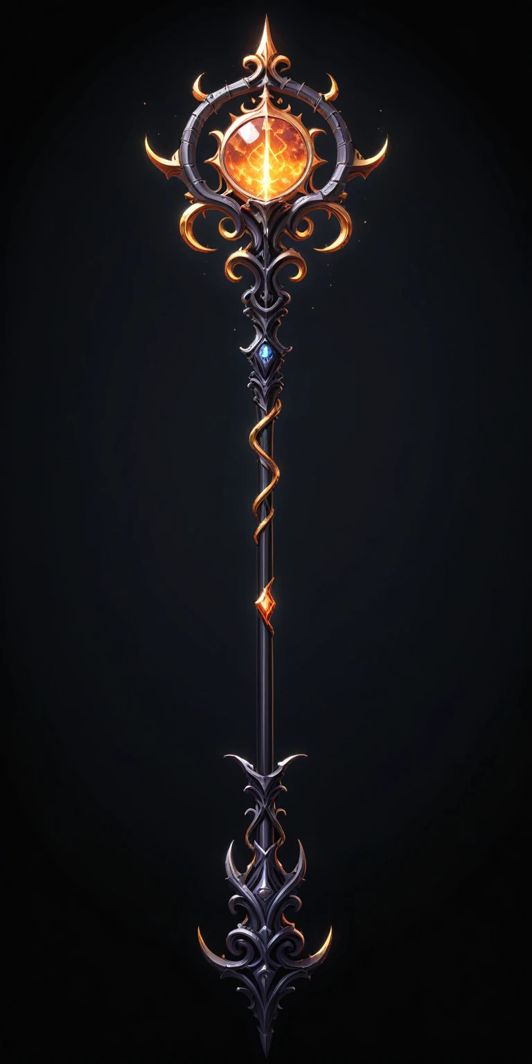 pixel art, cartoon illustration, Divine glavie greatstaff, Powerfull Magical theme, simple black background, RPG game icon