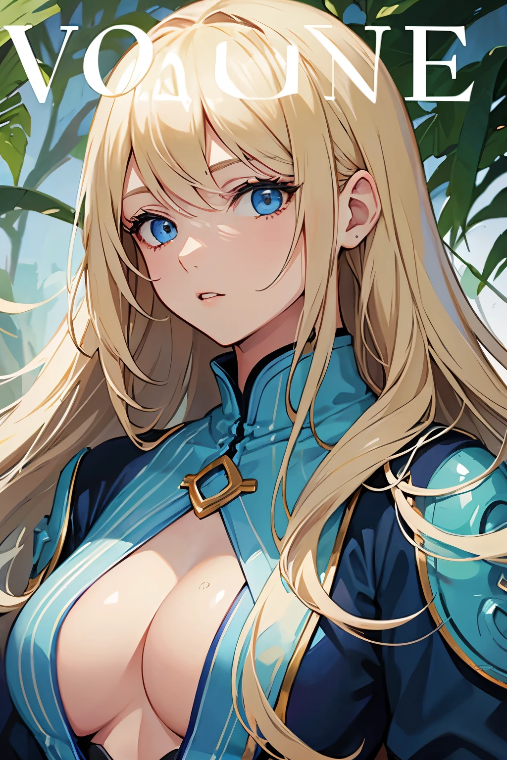 Cover magazine, woman, solo, long hair, blonde hair, blue eyes, beautiful, half body potrait, fantasy, ice. Vegetation. Eroge expression. 
