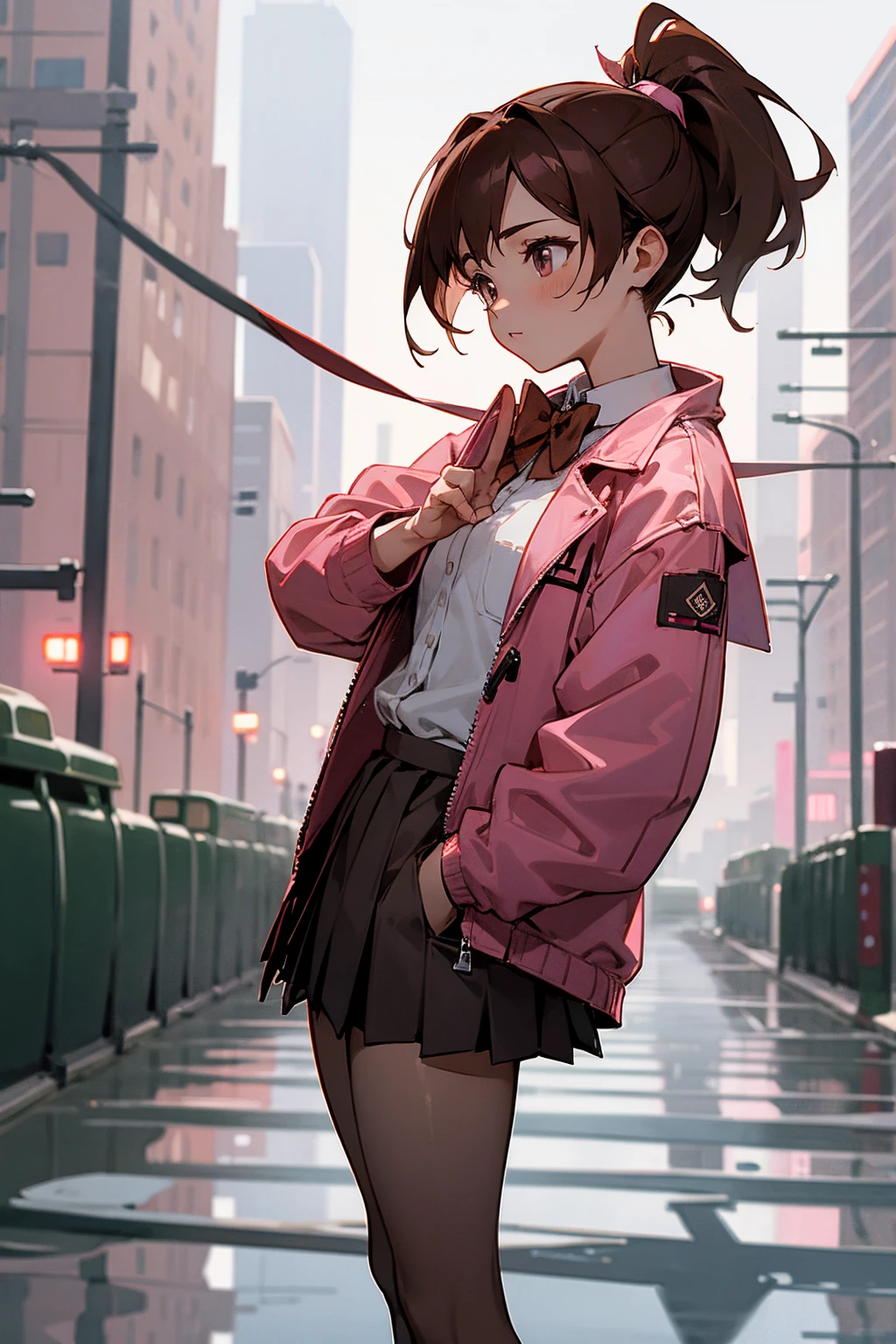 1female, brown hair, pink bowtie, ponytail, hazel eyes, maroon baggy jacket, reflective jacket, white undershirt, skirt, city background, detailed background, hands to side, standing on path