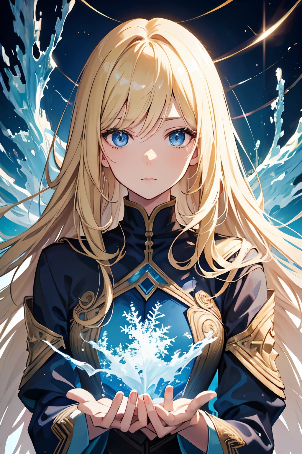 Cover magazine, woman, solo, long hair, blonde hair, blue eyes, beautiful, half body potrait, fantasy, ice. Vegetation. Eroge expression.