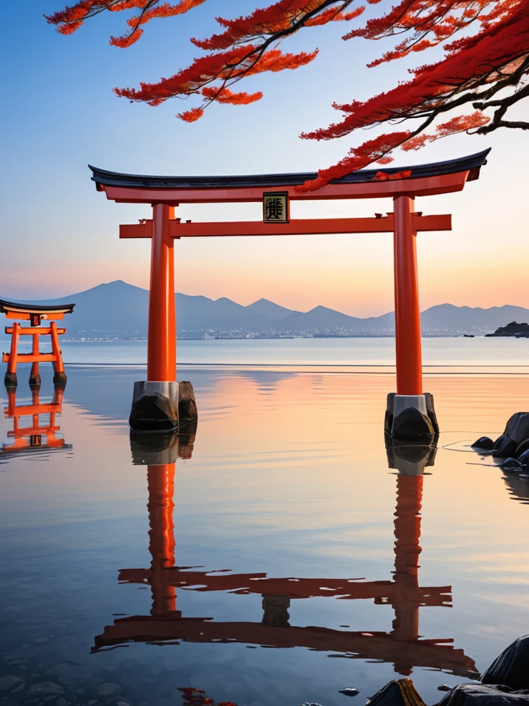 A beautiful view is reflected in the torii gate in the sea.、