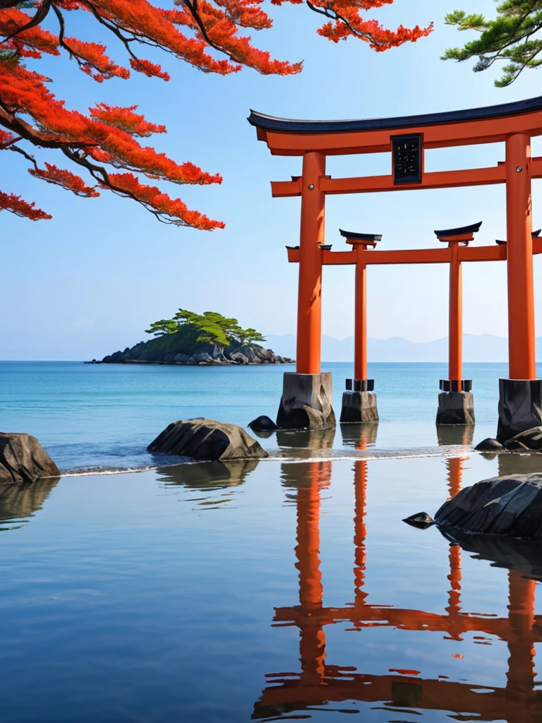 A beautiful view is reflected in the torii gate in the sea.、