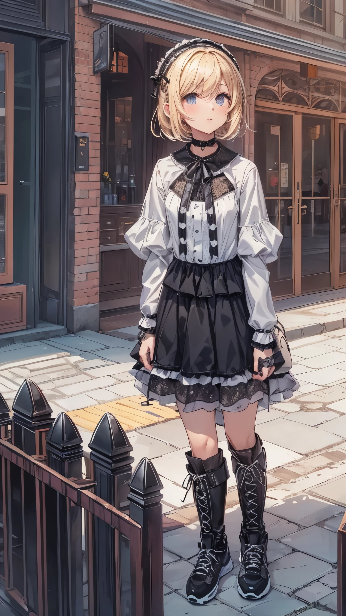 best quality,ultra-detailed,((background:outside street1,8)),((one boy)),((fem boy)),((trap)),((bulge)),black-choker,((blonde short hair)),((man’s face)),((dress up as a woman)),((blush)),((flustred)),((poor chest)),((flat chest)),((gothic-Lolita-fashion)),(black-gothic-tops),(gothic-skirts,(race-up-long-boots),(sneakers),((having a carry-bag)),vibrant colors,soft lighting,