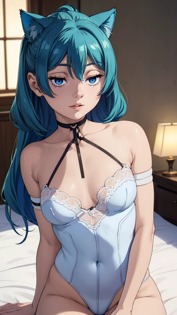 1girl, (small face), happy, cutie pie, (shiny light blue eyes), lips, (long light blue hair), (white Unlined Lace Bodysuit), (bedroom), sidelighting, (masterpiece body), (large areolae), cat ears