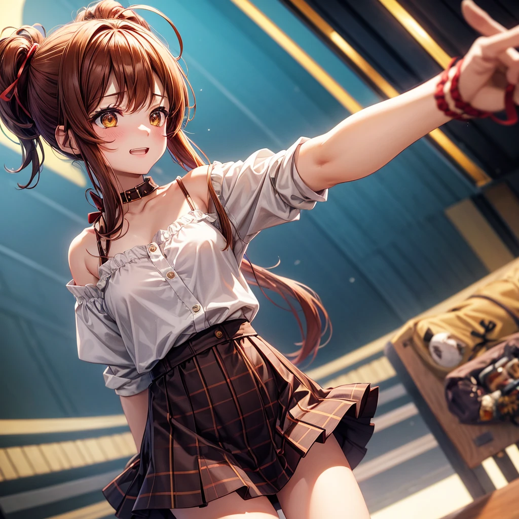 Red, brown, gold, gold hair、Golden Eyes、Hair tied up、One good looking girl、solo、anime、Checkered mini skirt、Ruffles on the skirt、camisole、camisole、Lightweight cardigan、Black knee-high socks、Wearing a baseball cap、Wearing a ribbon、Ribbon on waist、Tilting face、Teeth are visible、Sunset sky、There's a hole in the clouds、Contrail、Cumulonimbus、Silver coin necklace、shine、From above、bell、clock tower、Sparks are flying、High five