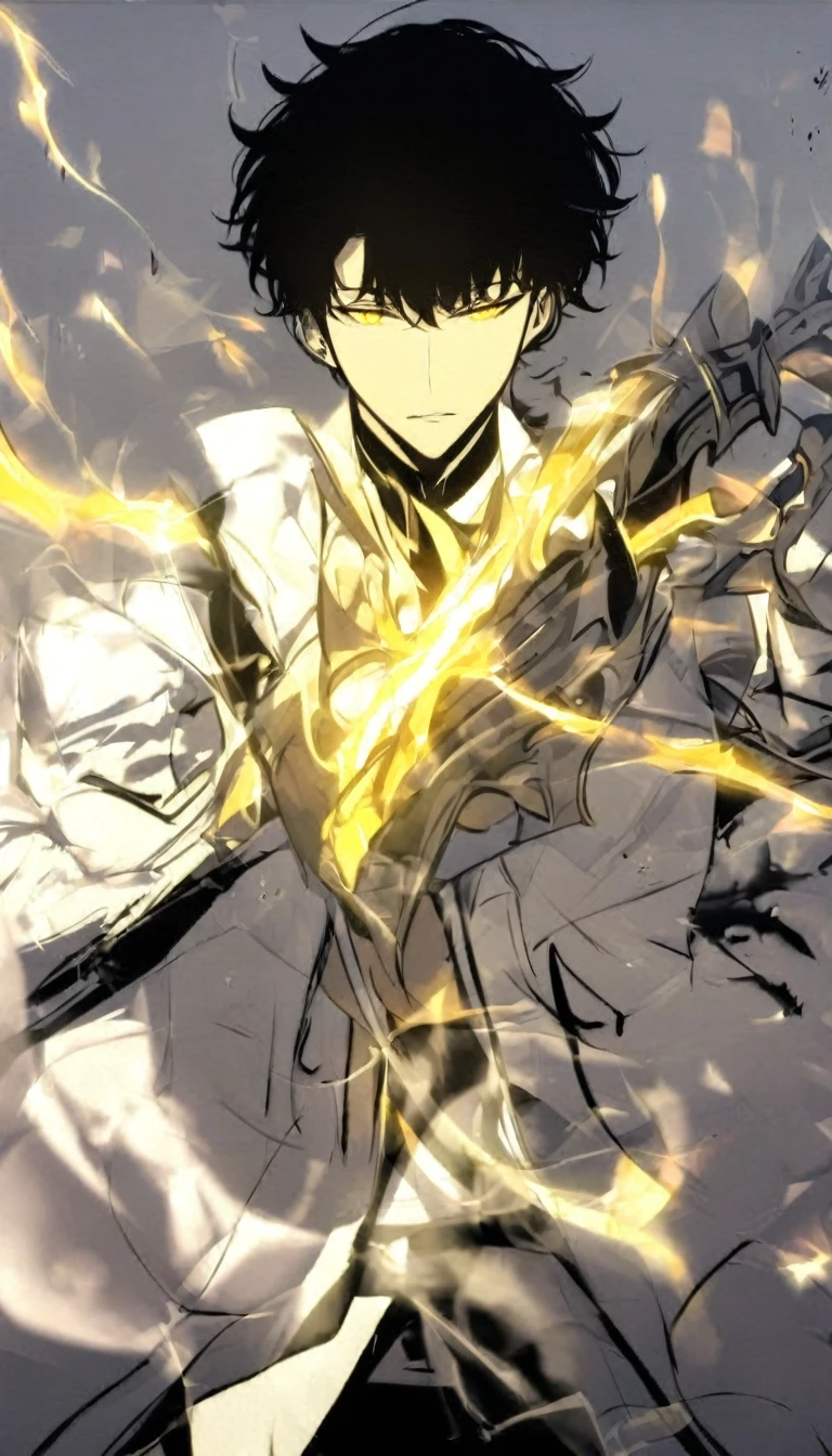 Handsome, alone, male, Short hair, Calm head, black hair, yellow eyes, white shirt, black pants, white coat, white flame,holding a katana in one hand, The blade glows yellow and white