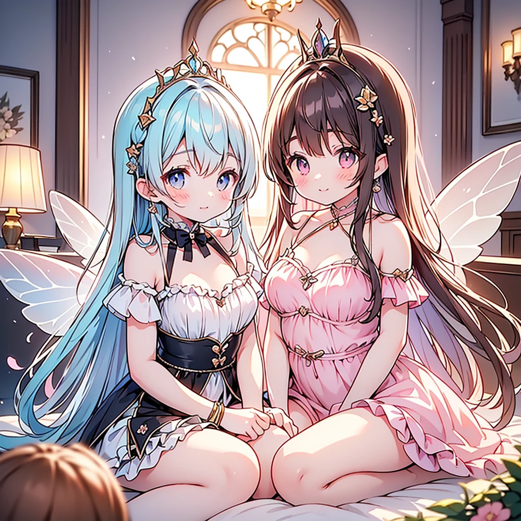 (Exquisite, beautiful, Very detailed, masterpiece, High resolution,high quality,High resolution),(Well-formed face,Soft and thin lines: 1.2, beautiful, Delicate and vivid illustrations with a mature and clear feel), Lots of beautiful and delicious looking chocolates,A chocolate-winged fairy is floating in the air holding a large silver fork with a Happy smile on his face,Chocolate motif ball gown dress, Race, Ruffles and ribbons, fluffy, Black and white tones on a dark brown base.,Chocolate Tiara,neckRace,Earrings,bRacelet,chocolate fairy wings,(Short eyebrows,Pale pink blush, Plump pink lips,beautiful目,Quite large and fluffy bust,Open chest,Fair skin, Good style,Knee-high with Race,),Happy,smile,Melted chocolate,Chocolate cake,truffle chocolate,chocolate bar,Pocky,chocolate cookies,Bright colors,Eye-catching colors,Dynamic Angle,Cute Dream,
