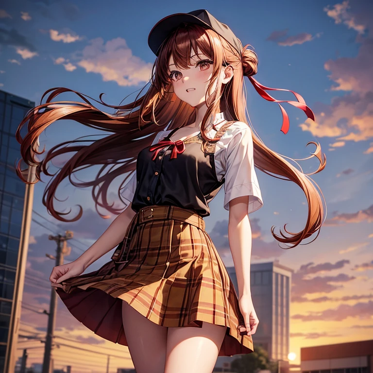 Red, brown, gold, gold hair、Golden Eyes、Hair tied up、One good looking girl、solo、anime、Checkered mini skirt、Ruffles on the skirt、camisole、camisole、Lightweight cardigan、Black knee-high socks、Wearing a baseball cap、Wearing a ribbon、Ribbon on waist、Tilting face、Teeth are visible、Sunset sky、There's a hole in the clouds、Contrail、Cumulonimbus、Silver coin necklace、shine、From above、bell、clock tower、Sparks are flying、High five